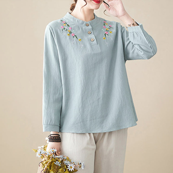 Chemise en coton à manches longues et col montant, motif floral brodé, pour femme, Buddha Stones - image 8
