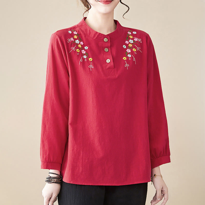 Chemise en coton à manches longues et col montant, motif floral brodé, pour femme, Buddha Stones - image 22