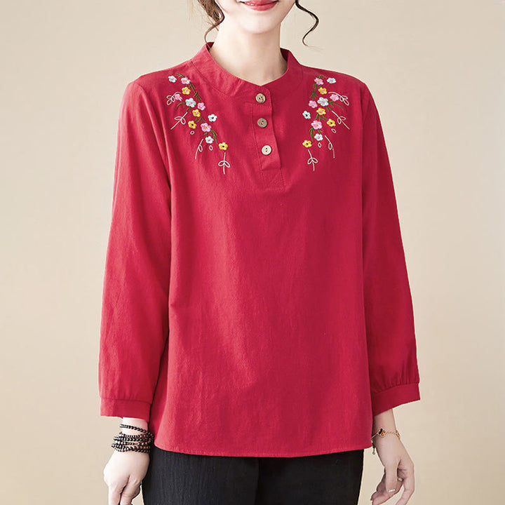 Chemise en coton à manches longues et col montant, motif floral brodé, pour femme, Buddha Stones - image 22