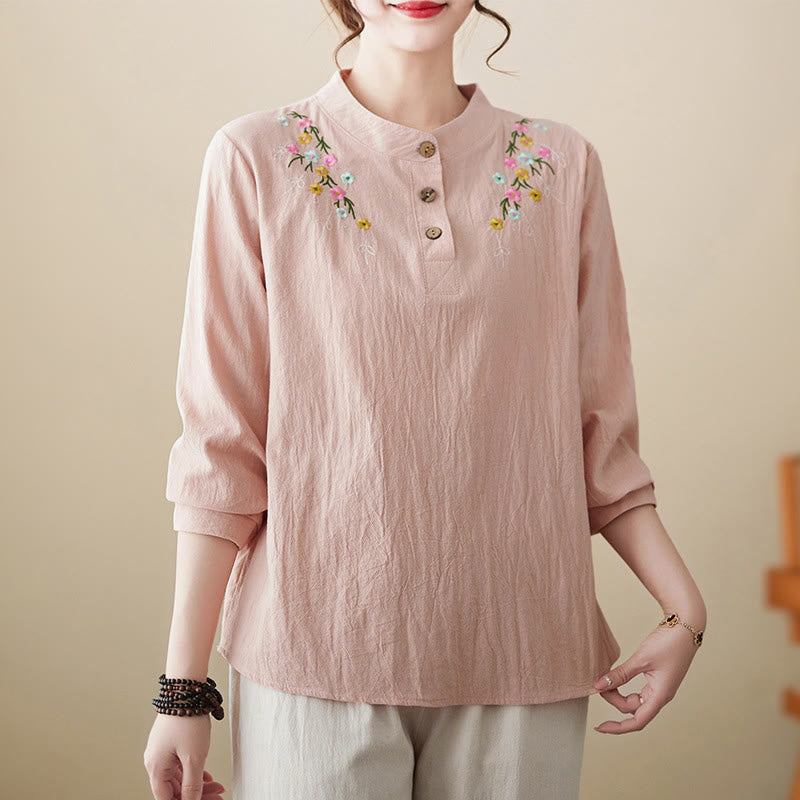 Chemise en coton à manches longues et col montant, motif floral brodé, pour femme, Buddha Stones - image 0