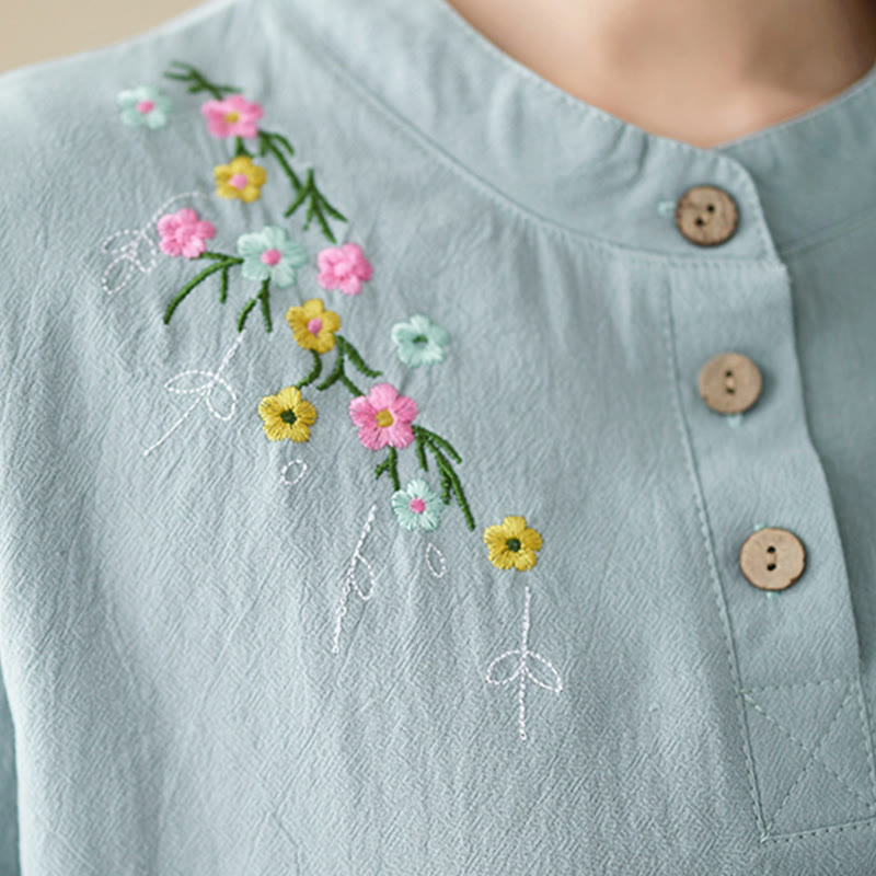 Chemise en coton à manches longues et col montant, motif floral brodé, pour femme, Buddha Stones - image 13