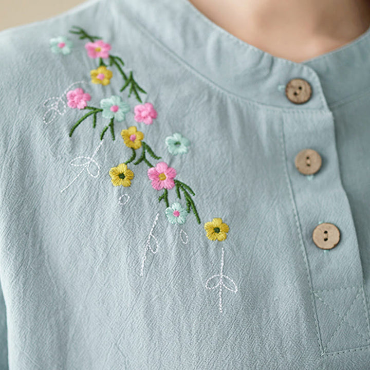 Chemise en coton à manches longues et col montant, motif floral brodé, pour femme, Buddha Stones - image 13