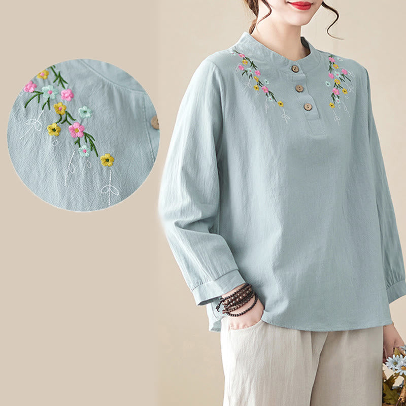 Chemise en coton à manches longues et col montant, motif floral brodé, pour femme, Buddha Stones - image 18