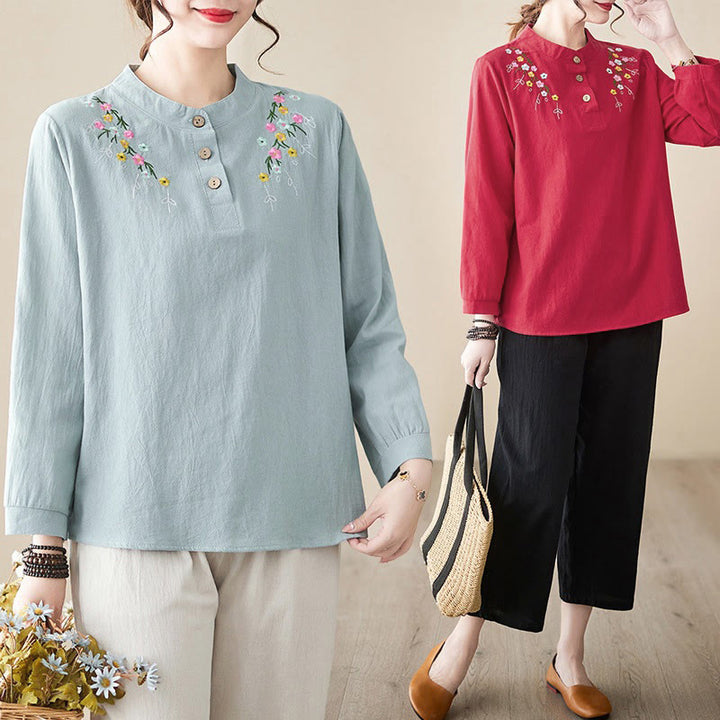 Chemise en coton à manches longues et col montant, ornée de broderies florales, pour femme, de la marque Buddha Stones. - image 26