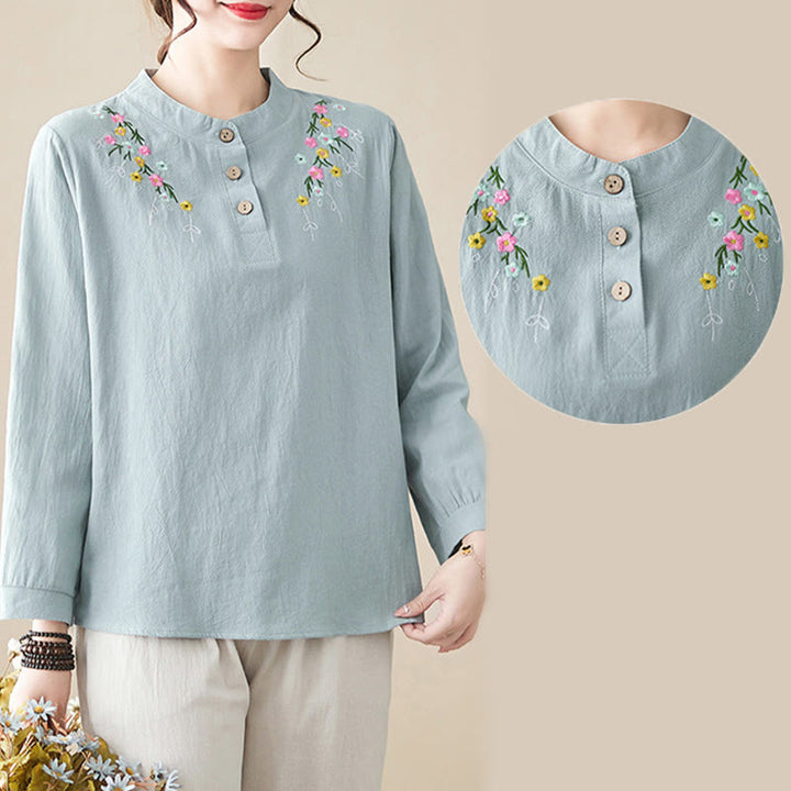 Chemise en coton à manches longues et col montant, motif floral brodé, pour femme, Buddha Stones - image 17