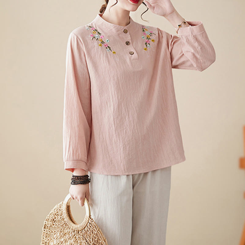 Chemise en coton à manches longues et col montant, motif floral brodé, pour femme, Buddha Stones - image 2