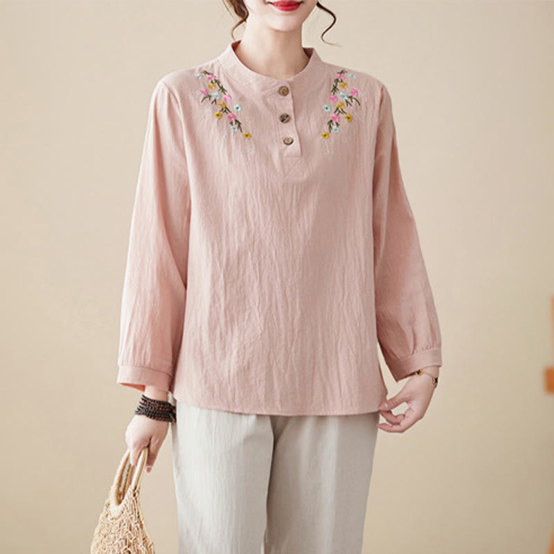 Chemise en coton à manches longues et col montant, motif floral brodé, pour femme, Buddha Stones - Rose clair - US12，UK/AU16，EU44 (3XL) - image 1