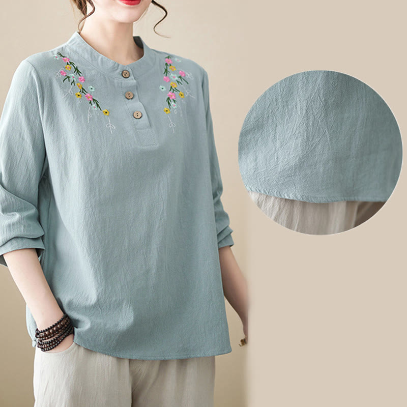 Chemise en coton à manches longues et col montant, motif floral brodé, pour femme, Buddha Stones - image 19