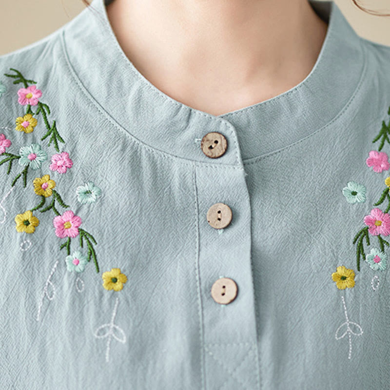 Chemise en coton à manches longues et col montant, motif floral brodé, pour femme, Buddha Stones - image 11