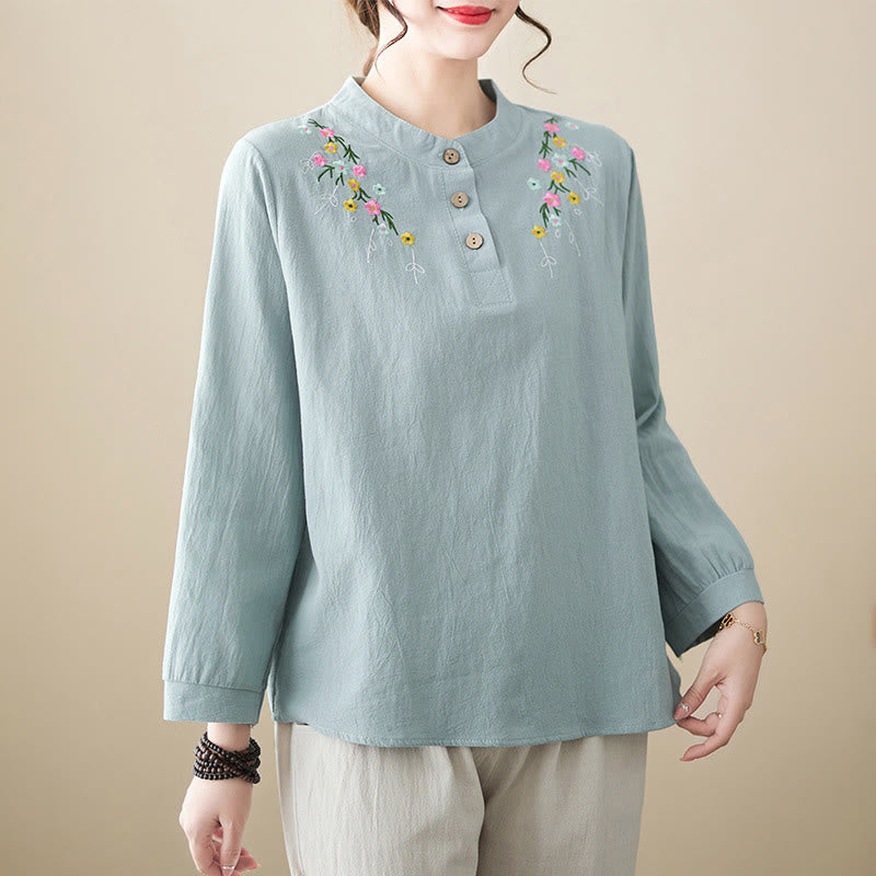 Chemise en coton à manches longues et col montant, motif floral brodé, pour femme, Buddha Stones - Bleu clair - US12，UK/AU16，EU44 (3XL) - image 5