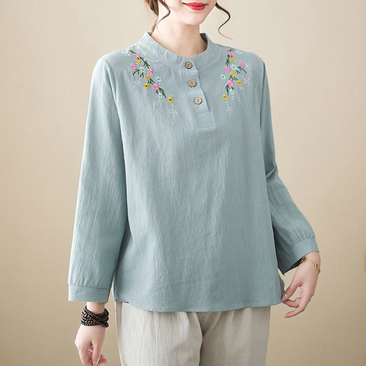Chemise en coton à manches longues et col montant, motif floral brodé, pour femme, Buddha Stones - Bleu clair - US12，UK/AU16，EU44 (3XL) - image 5