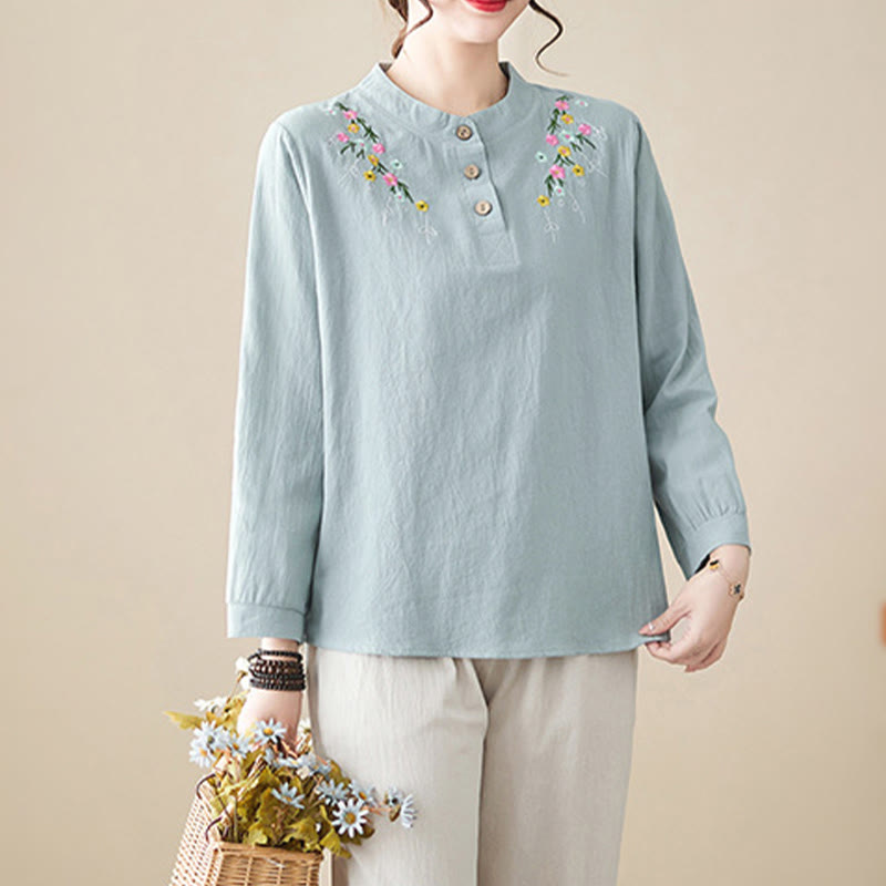 Chemise en coton à manches longues et col montant, motif floral brodé, pour femme, Buddha Stones - image 7