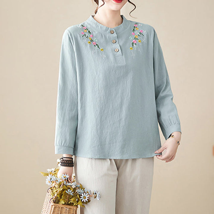 Chemise en coton à manches longues et col montant, motif floral brodé, pour femme, Buddha Stones - image 7