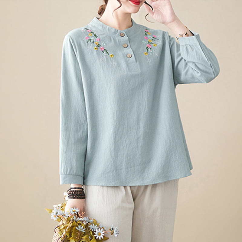 Chemise en coton à manches longues et col montant, ornée de broderies florales, pour femme, de la marque Buddha Stones. - image 8