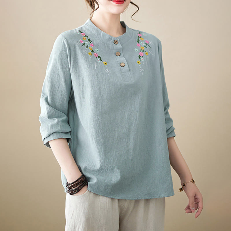 Chemise en coton à manches longues et col montant, motif floral brodé, pour femme, Buddha Stones - image 10