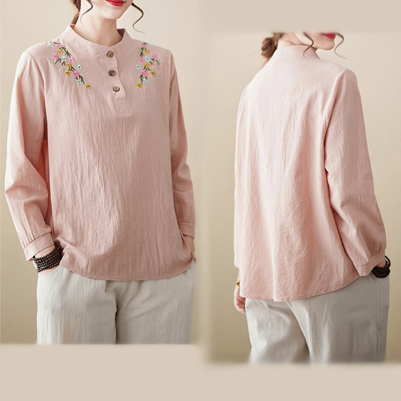 Chemise en coton à manches longues et col montant, motif floral brodé, pour femme, Buddha Stones - image 3
