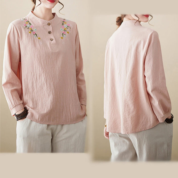 Chemise en coton à manches longues et col montant, motif floral brodé, pour femme, Buddha Stones - image 3