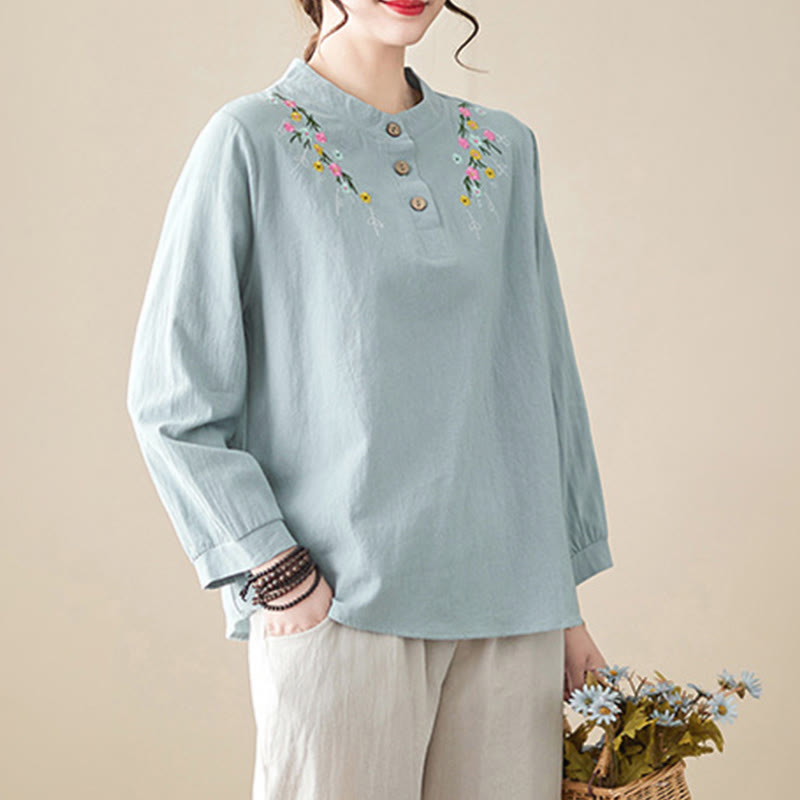 Chemise en coton à manches longues et col montant, motif floral brodé, pour femme, Buddha Stones - image 6