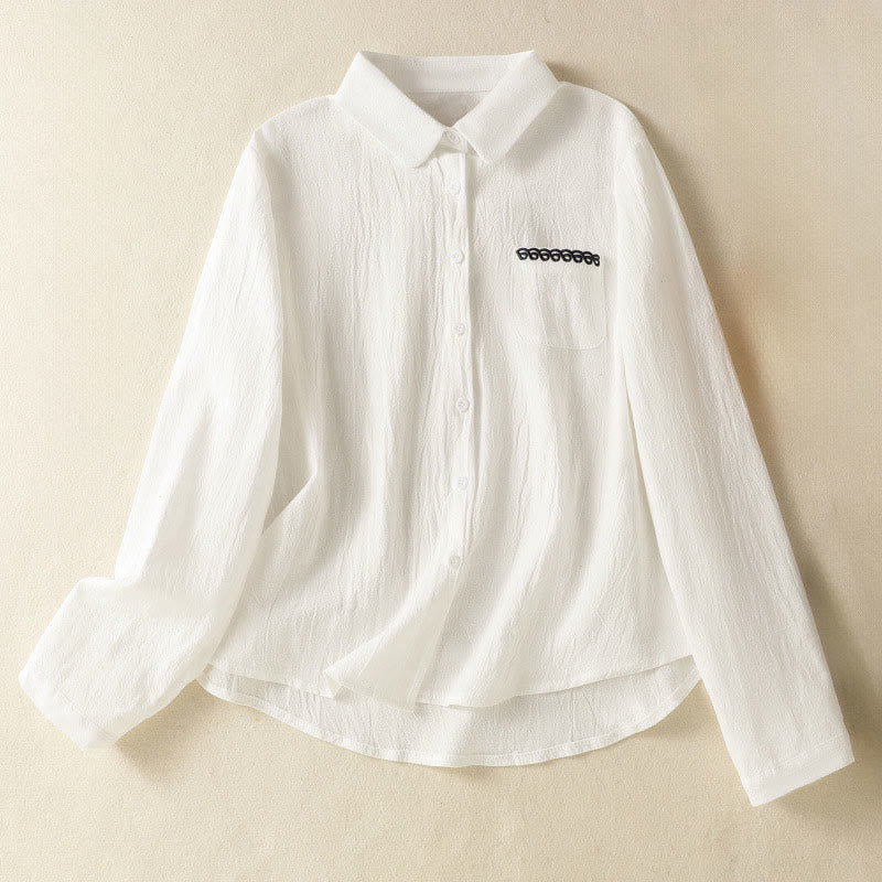 Chemise à manches longues en coton avec poche, style rétro printanier uni, ornée de broderies simples et de Buddha Stones - Blanc - US8-10，UK/AU12-14，EU40-42 (2XL) - image 8