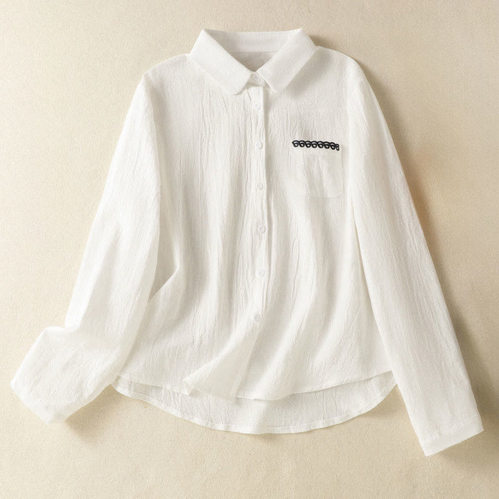 Chemise à manches longues en coton avec poche, style rétro printanier uni, ornée de broderies simples et de Buddha Stones - Blanc - US8-10，UK/AU12-14，EU40-42 (2XL) - image 8