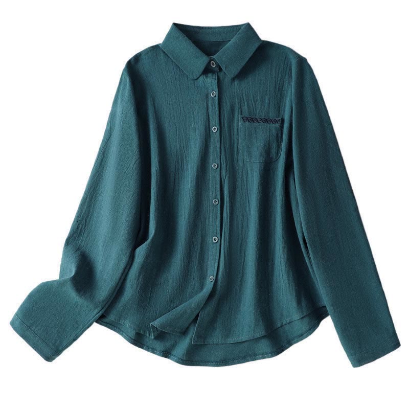 Chemise à manches longues en coton avec poche, style rétro printanier uni, ornée de broderies simples et de Buddha Stones - image 25