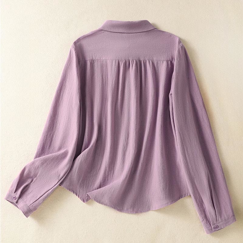 Chemise à manches longues en coton avec poche, style rétro printanier uni, ornée de broderies simples et de Buddha Stones - image 1