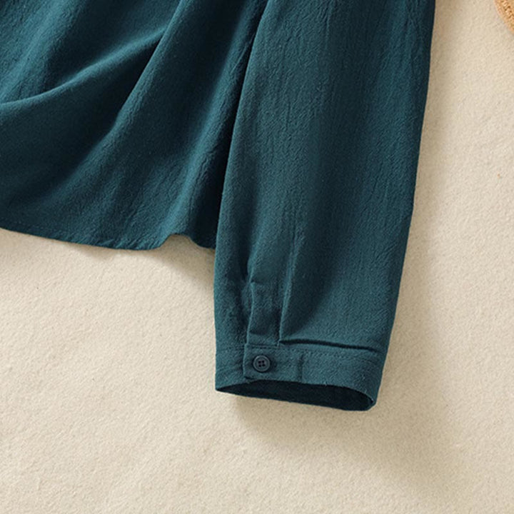 Chemise à manches longues en coton avec poche, style rétro printanier uni, ornée de broderies simples et de Buddha Stones - image 23