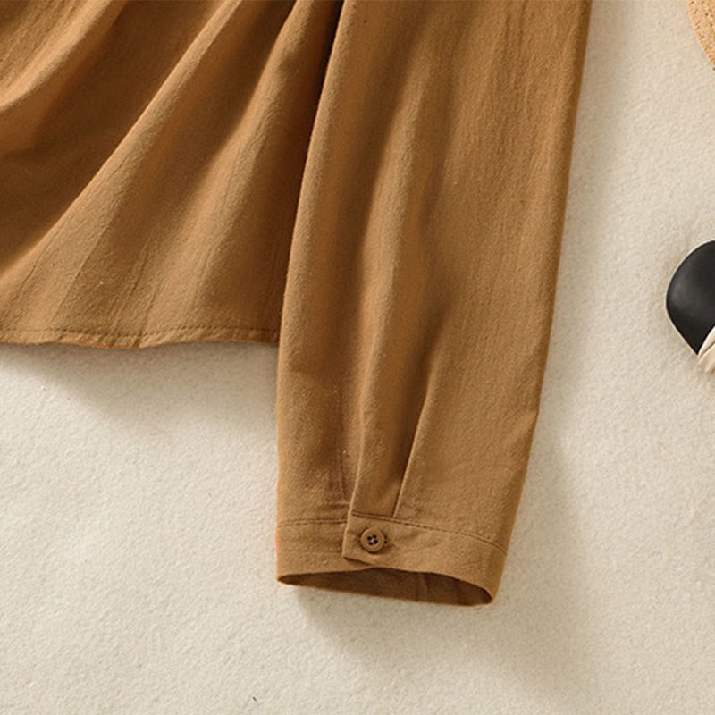 Chemise à manches longues en coton avec poche, style rétro printanier uni, ornée de broderies simples et de Buddha Stones - image 30