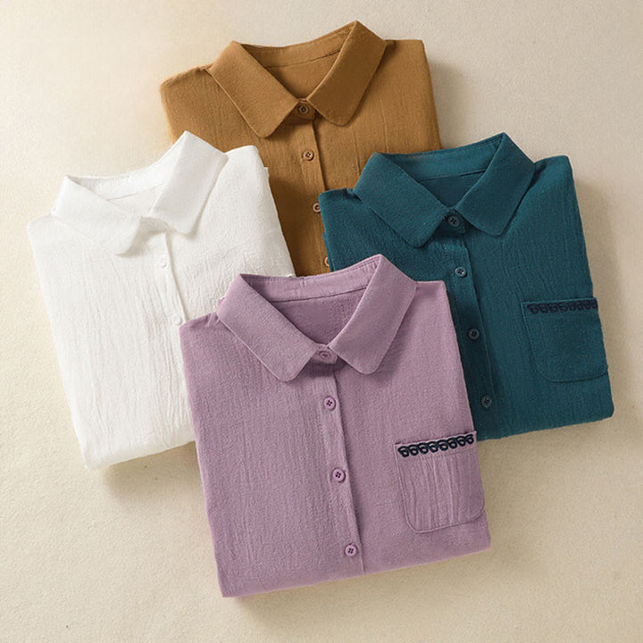 Chemise à manches longues en coton avec poche, style rétro printanier uni, ornée de broderies simples et de Buddha Stones - image 33