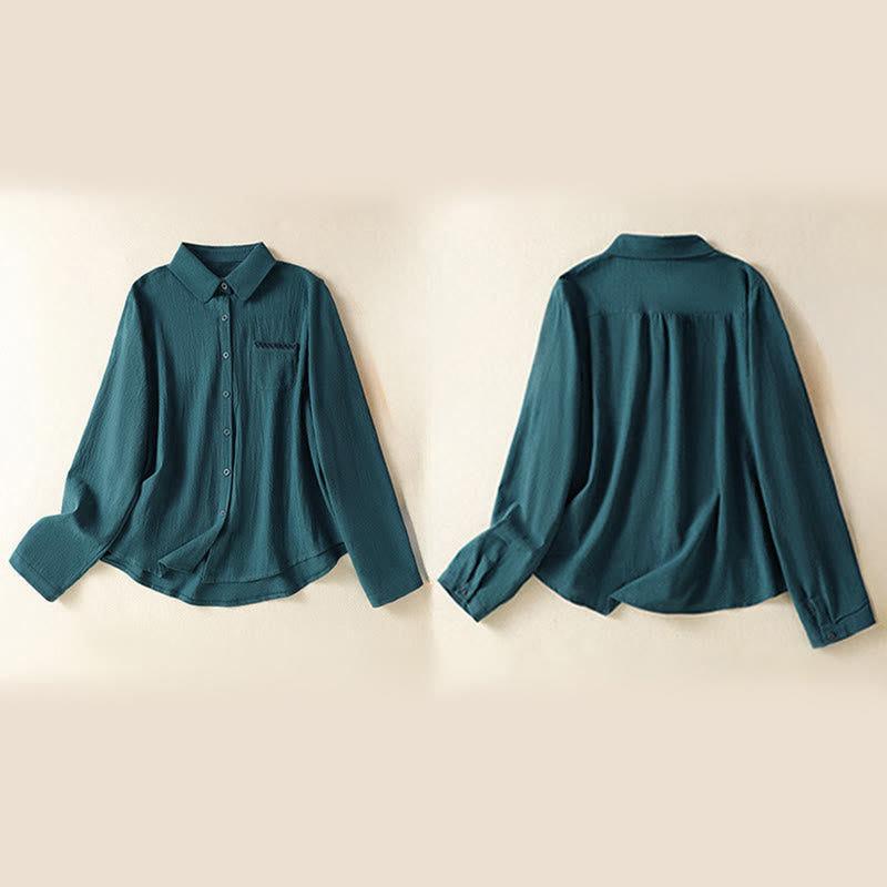 Chemise à manches longues en coton avec poche, style rétro printanier uni, ornée de broderies simples et de Buddha Stones - image 24