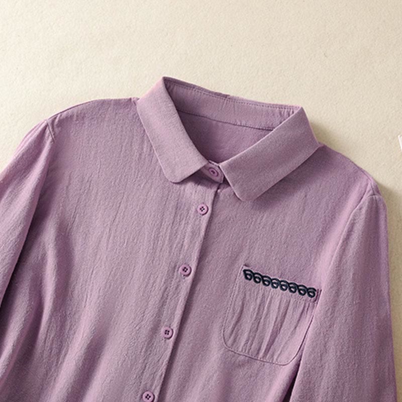 Chemise à manches longues en coton avec poche, style rétro printanier uni, ornée de broderies simples et de Buddha Stones - image 2