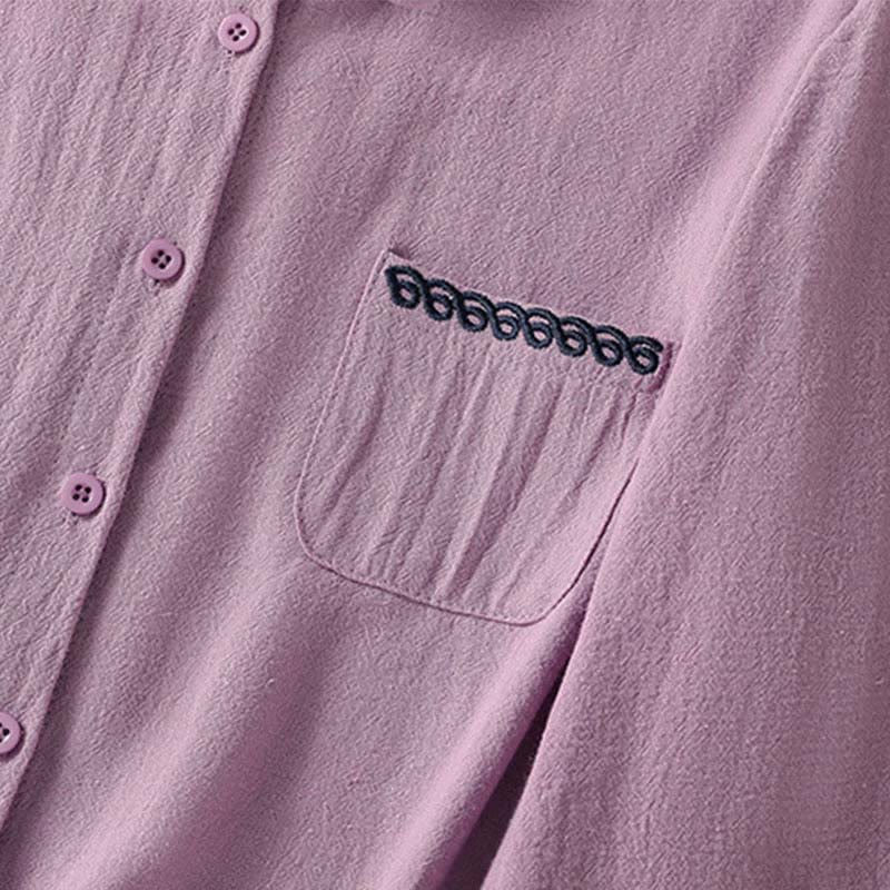 Chemise à manches longues en coton avec poche, style rétro printanier uni, ornée de broderies simples et de Buddha Stones - image 4