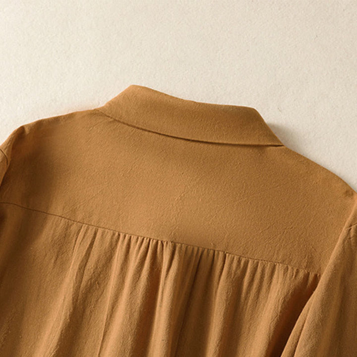 Chemise à manches longues en coton avec poche, style rétro printanier uni, ornée de broderies simples et de Buddha Stones - image 28