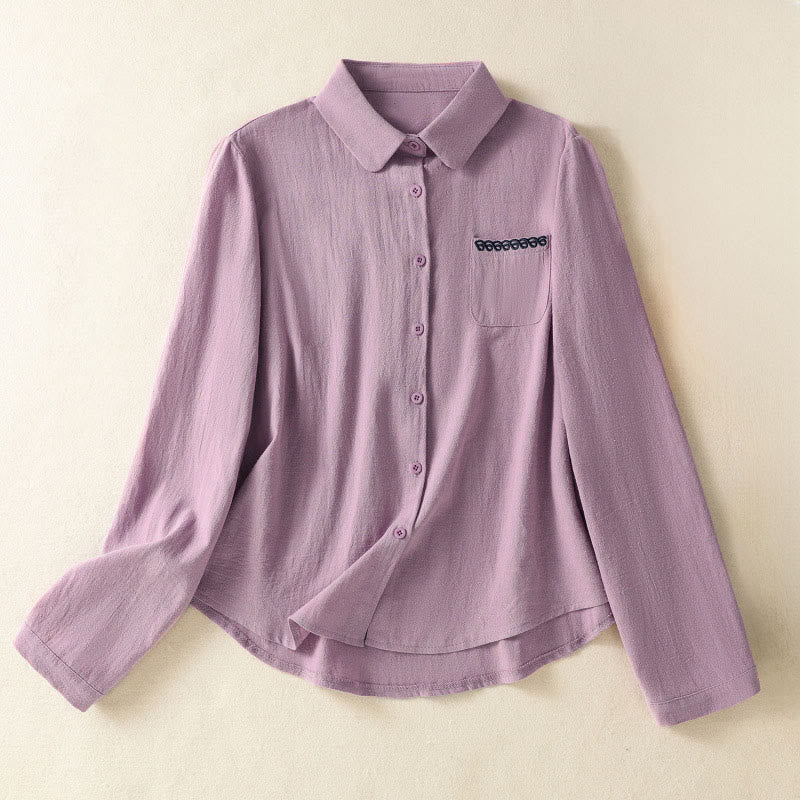 Chemise à manches longues en coton avec poche, style rétro printanier uni, ornée de broderies simples et de Buddha Stones - Prune - US8-10，UK/AU12-14，EU40-42 (2XL) - image 0