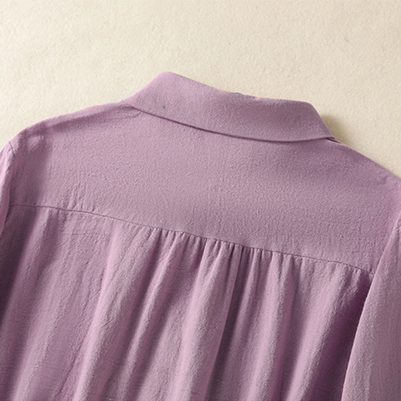 Chemise à manches longues en coton avec poche, style rétro printanier uni, ornée de broderies simples et de Buddha Stones - image 3