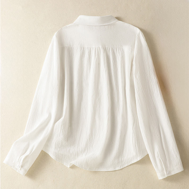 Chemise à manches longues en coton avec poche, style rétro printanier uni, ornée de broderies simples et de Buddha Stones - image 9