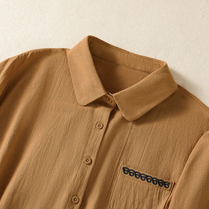 Chemise à manches longues en coton avec poche, style rétro printanier uni, ornée de broderies simples et de Buddha Stones - image 27