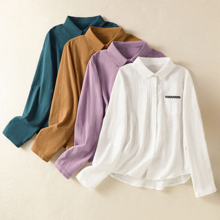 Chemise à manches longues en coton avec poche, style rétro printanier uni, ornée de broderies simples et de Buddha Stones - image 32