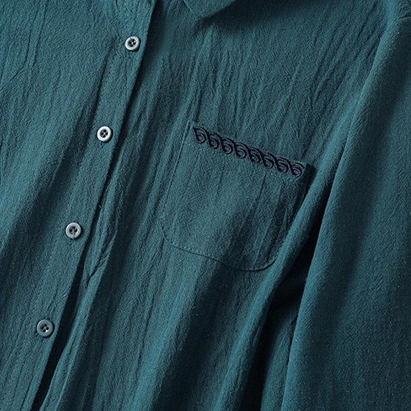 Chemise à manches longues en coton avec poche, style rétro printanier uni, ornée de broderies simples et de Buddha Stones - image 20