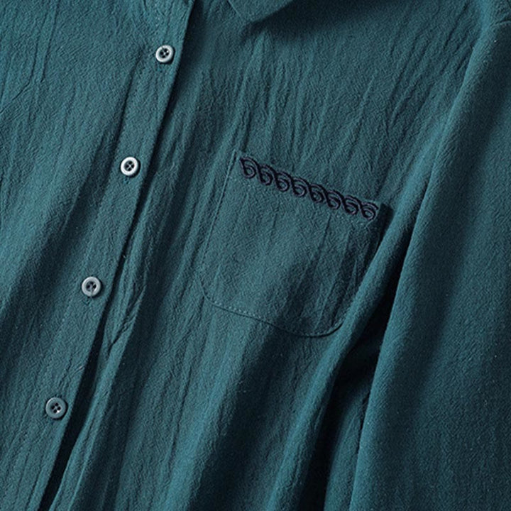 Chemise à manches longues en coton avec poche, style rétro printanier uni, ornée de broderies simples et de Buddha Stones - image 20