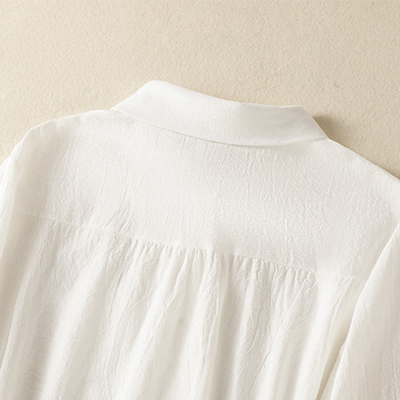 Chemise à manches longues en coton avec poche, style rétro printanier uni, ornée de broderies simples et de Buddha Stones - image 11