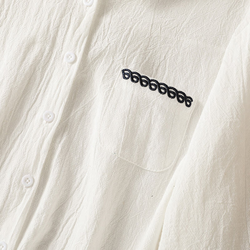 Chemise à manches longues en coton avec poche, style rétro printanier uni, ornée de broderies simples et de Buddha Stones - image 13