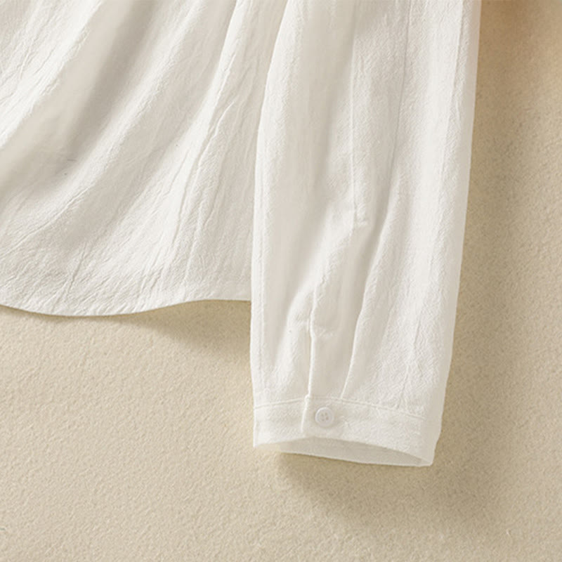 Chemise à manches longues en coton avec poche, style rétro printanier uni, ornée de broderies simples et de Buddha Stones - image 16