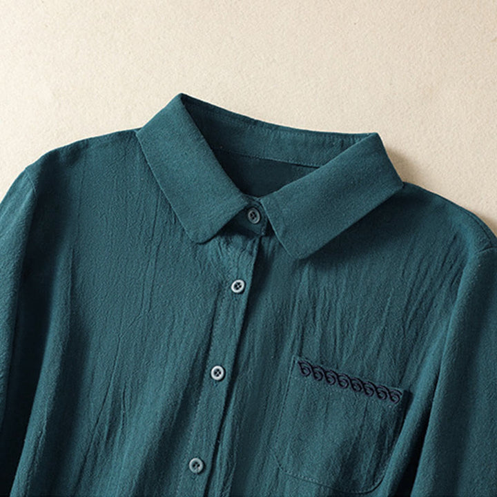 Chemise à manches longues en coton avec poche, style rétro printanier uni, ornée de broderies simples et de Buddha Stones - image 18