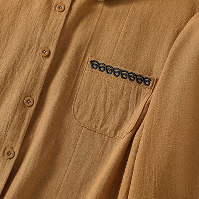 Chemise à manches longues en coton avec poche, style rétro printanier uni, ornée de broderies simples et de Buddha Stones - image 29