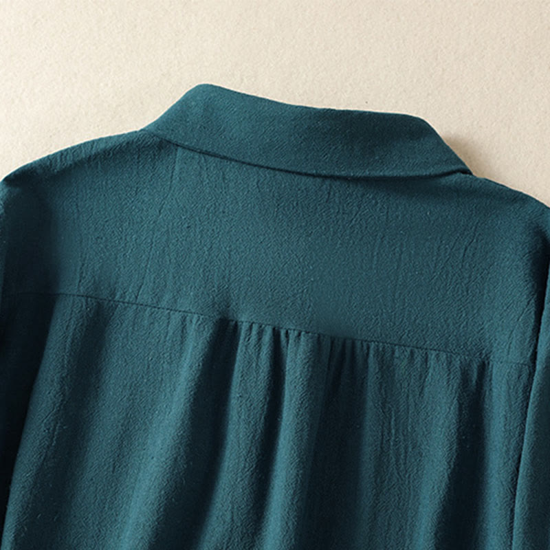 Chemise à manches longues en coton avec poche, style rétro printanier uni, ornée de broderies simples et de Buddha Stones - image 19