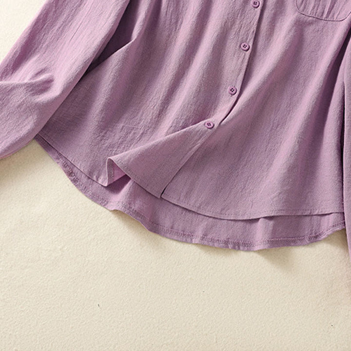 Chemise à manches longues en coton avec poche, style rétro printanier uni, ornée de broderies simples et de Buddha Stones - image 7