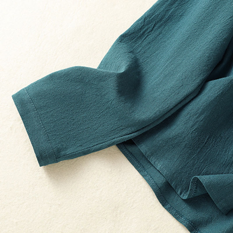 Chemise à manches longues en coton avec poche, style rétro printanier uni, ornée de broderies simples et de Buddha Stones - image 21