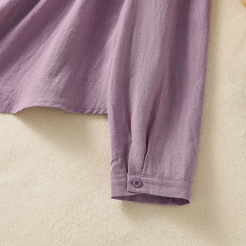 Chemise à manches longues en coton avec poche, style rétro printanier uni, ornée de broderies simples et de Buddha Stones - image 6