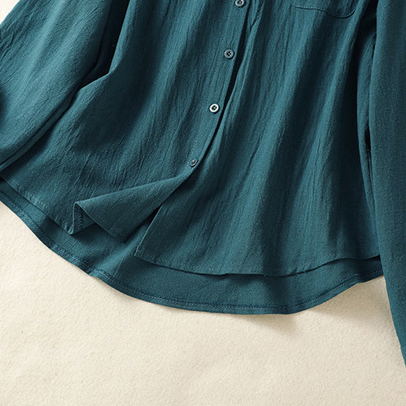 Chemise à manches longues en coton avec poche, style rétro printanier uni, ornée de broderies simples et de Buddha Stones - image 22